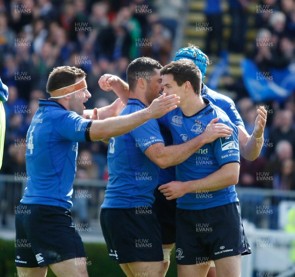 270413 - Leinster v Biarritz - Amlin Challenge Cup - Jonny Sexton, Rob Kearney and Fergus McFadden of Leinster start the celebrations after beating Biarritz 