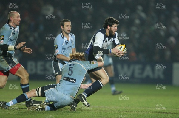 16.02.08 Leinster v Cardiff Blues... Leinster's Shane Horgan is tackled by Paul Tito. 