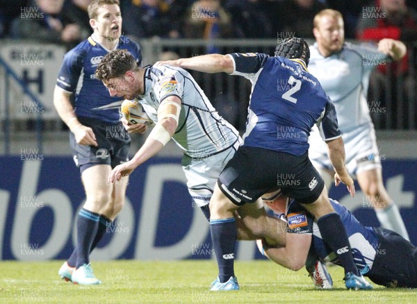 271012 Leinster v Blues - RaboDirect Pro 12 - Alex Cuthbert of Cardiff is tackled by Richardt Strauss and Jordi Murphy of Leinster 