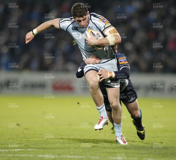 271012 Leinster v Blues - RaboDirect Pro 12 - Alex Cuthbert of Cardiff is tackled by Brendan Macken of Leinster 