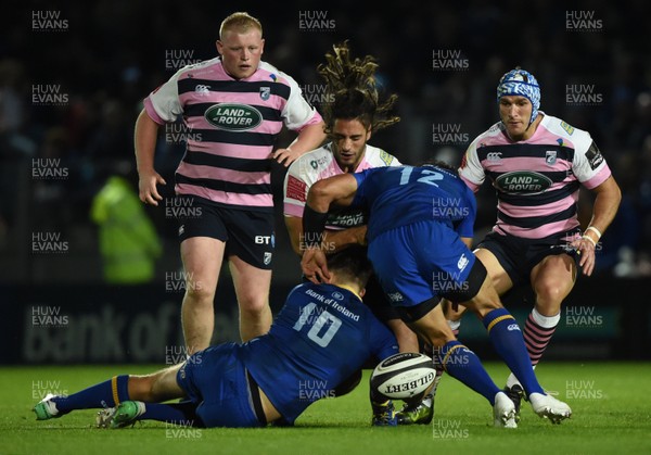 080917 - Leinster v Cardiff Blues - Guinness PRO14 -  Josh Navadi of Cardiff is tackled by Ross Byrne, left, and Isa Nacewa of Leinster