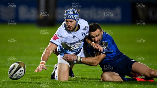 221120 - Leinster v Cardiff Blues - Guinness PRO14 - Matthew Morgan of Cardiff Blues is tackled by Dave Kearney of Leinster