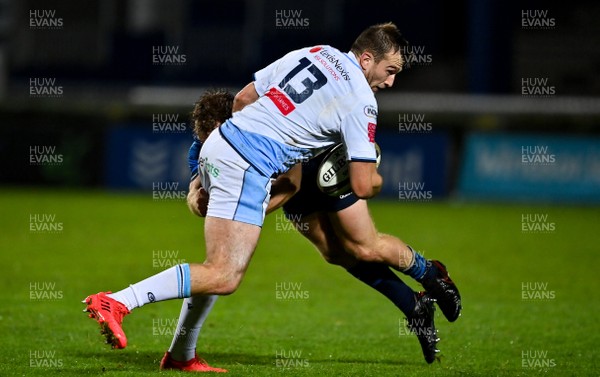 221120 - Leinster v Cardiff Blues - Guinness PRO14 - Garyn Smith of Cardiff Blues is tackled by Liam Turner of Leinster