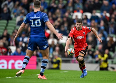 010325 - Leinster v Cardiff Rugby - United Rugby Championship - Harri Millard of Cardiff in action against Ross Byrne of Leinster