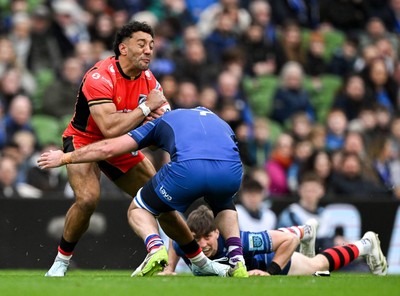 010325 - Leinster v Cardiff Rugby - United Rugby Championship - Gabriel Hamer-Webb of Cardiff is tackled by Will Connors of Leinster