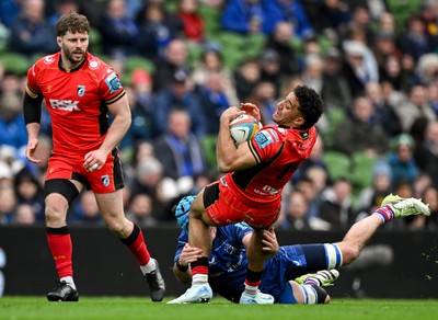 010325 - Leinster v Cardiff Rugby - United Rugby Championship - Gabriel Hamer-Webb of Cardiff is tackled by Will Connors of Leinster