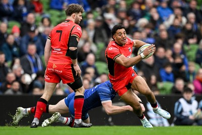 010325 - Leinster v Cardiff Rugby - United Rugby Championship - Gabriel Hamer-Webb of Cardiff is tackled by Charlie Tector of Leinster