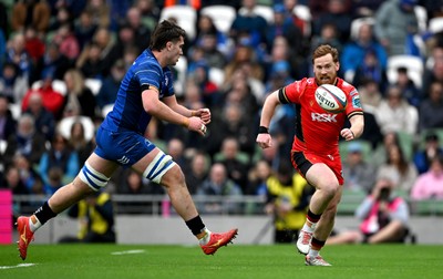 010325 - Leinster v Cardiff Rugby - United Rugby Championship - Rory Jennings of Cardiff in action against Brian Deeny of Leinster