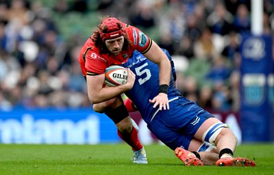 010325 - Leinster v Cardiff Rugby - United Rugby Championship - Rory Thornton of Cardiff is tackled by Brian Deeny of Leinster