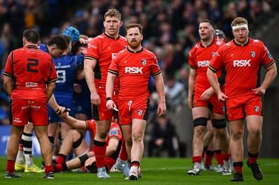 010325 - Leinster v Cardiff Rugby - United Rugby Championship - Rory Jennings of Cardiff, centre, and teammmates react after conceding a fifth try