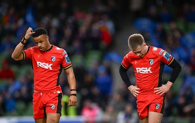 010325 - Leinster v Cardiff Rugby - United Rugby Championship - Cardiff players Cam Winnett, right, and Regan Grace react after conceding a try