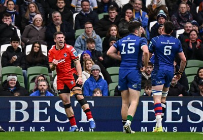 010325 - Leinster v Cardiff Rugby - United Rugby Championship - Harri Millard of Cardiff celebrates after scoring a try