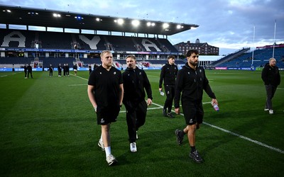 101026 - Leinster v Cardiff Rugby - United Rugby Championship - Cardiff players walk the pitch before the match