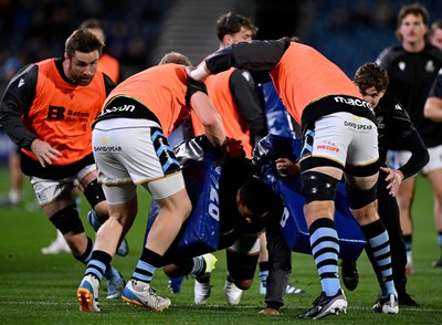 101026 - Leinster v Cardiff Rugby - United Rugby Championship - Cardiff players warm up before the match