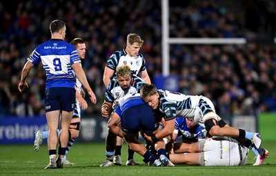 101026 - Leinster v Cardiff Rugby - United Rugby Championship - Alex Mann of Cardiff tackles Scott Penny of Leinster