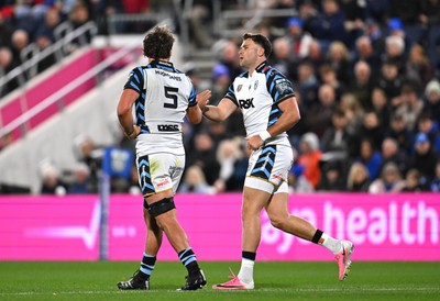 101026 - Leinster v Cardiff Rugby - United Rugby Championship - Mason Grady of Cardiff celebrates with Teddy Williams of Cardiff after scoring his side's first try