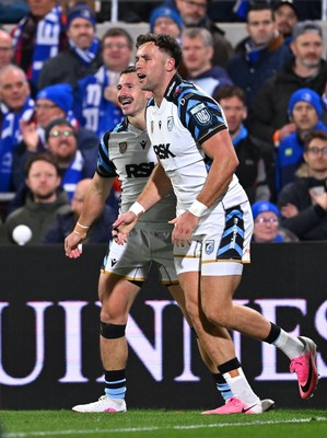 101026 - Leinster v Cardiff Rugby - United Rugby Championship - Mason Grady of Cardiff celebrates with teammate after scoring his side's first try