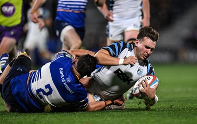101026 - Leinster v Cardiff Rugby - United Rugby Championship - Taine Basham of Cardiff is tackled by Dan Sheehan of Leinster 
