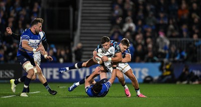 101026 - Leinster v Cardiff Rugby - United Rugby Championship - Mason Grady of Cardiff is tackled