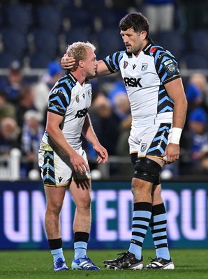 101026 - Leinster v Cardiff Rugby - United Rugby Championship - Johan Mulder, left, and George Nott of Cardiff after their side's defeat