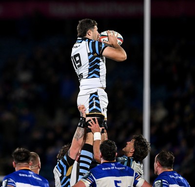101026 - Leinster v Cardiff Rugby - United Rugby Championship - George Nott of Cardiff catches a lineout