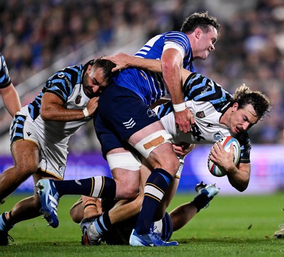 101026 - Leinster v Cardiff Rugby - United Rugby Championship - Liam Belcher of Cardiff in action against James Ryan of Leinster