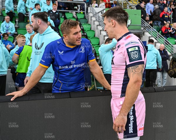 130925 - Leinster v Cardiff Rugby - Preseason Friendly - Jordan Larmour of Leinster and Josh Adams of Cardiff Rugby after the pre-season friendly match