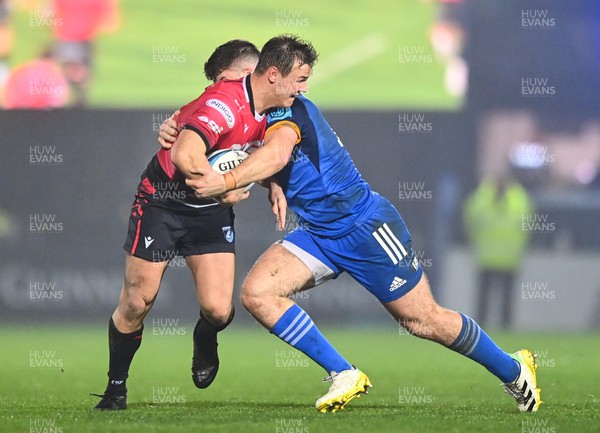 280123 - Leinster v Cardiff Rugby - United Rugby Championship - Jarrod Evans of Cardiff is tackled by Ben Brownlee of Leinster