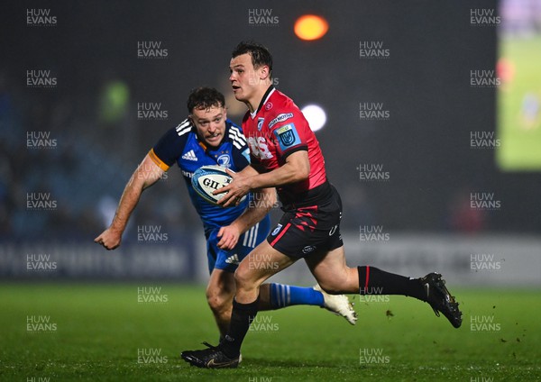 280123 - Leinster v Cardiff Rugby - United Rugby Championship - Jarrod Evans of Cardiff in action against Liam Turner of Leinster