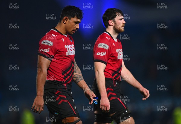 280123 - Leinster v Cardiff Rugby - United Rugby Championship - Lopeti Timani, left, and James Ratti of Cardiff reacts after the match