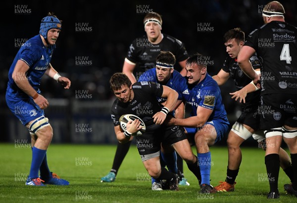 011119 - Leinster v Dragons - Guinness PRO14 -  Rhodri Williams of Dragons is tackled by Caelan Doris and Ronan Kelleher of Leinster