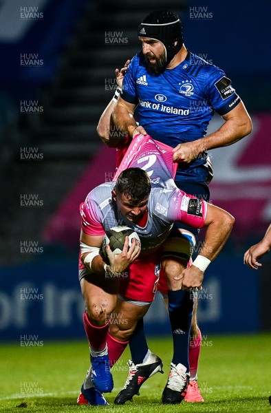 021020 - Leinster v Dragons - Guinness PRO14 - Elliot Dee of Dragons is tackled by Scott Fardy of Leinster