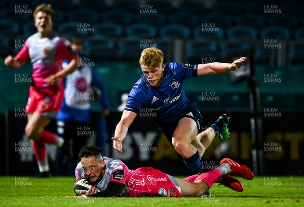 021020 - Leinster v Dragons - Guinness PRO14 - Sam Davies of Dragons is tackled by Tommy O'Brien of Leinster