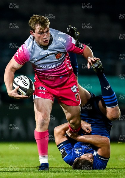 021020 - Leinster v Dragons - Guinness PRO14 - Will Talbot-Davies of Dragons is tackled by Ross Byrne of Leinster