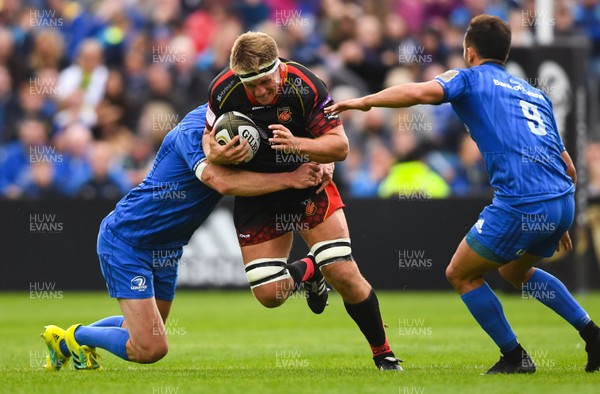 150918 - Leinster v Dragons - Guinness PRO14 -  Nic Cudd of Dragons is tackled by Jonathan Sexton of Leinster