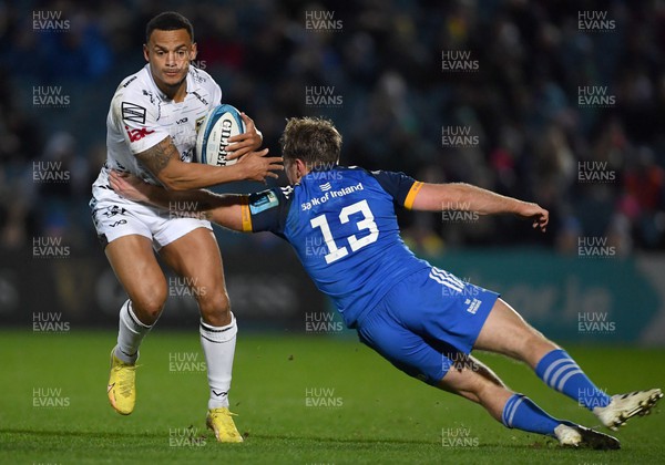 180223 - Leinster v Dragons RFC - United Rugby Championship - Ashton Hewitt of Dragons is tackled by Liam Turner of Leinster