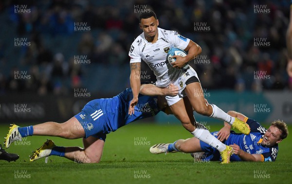 180223 - Leinster v Dragons RFC - United Rugby Championship - Ashton Hewitt of Dragons is tackled by Rhys Ruddock of Leinster