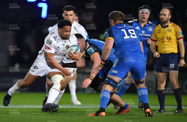180223 - Leinster v Dragons RFC - United Rugby Championship - Aki Seiuli of Dragons is tackled by Brian Deeny of Leinster