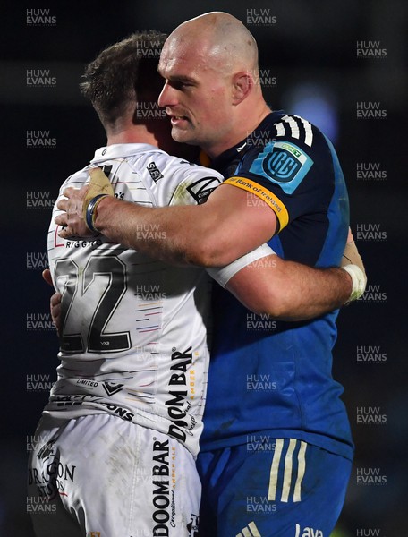 180223 - Leinster v Dragons RFC - United Rugby Championship - JJ Hanrahan of Dragons and Rhys Ruddock of Leinster after the match