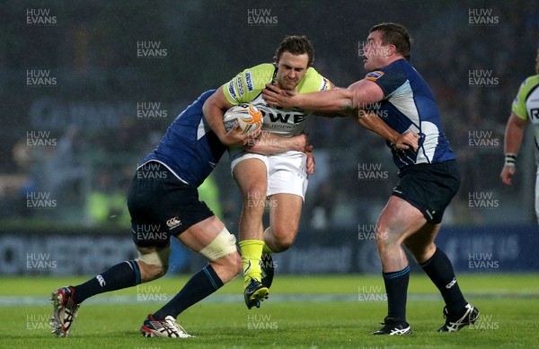 030513 - Leinster v Ospreys - RaboDirect Pro 12 - Leinster's Leo Cullen and Jack McGrath tackle Sam Lewis of Ospreys 