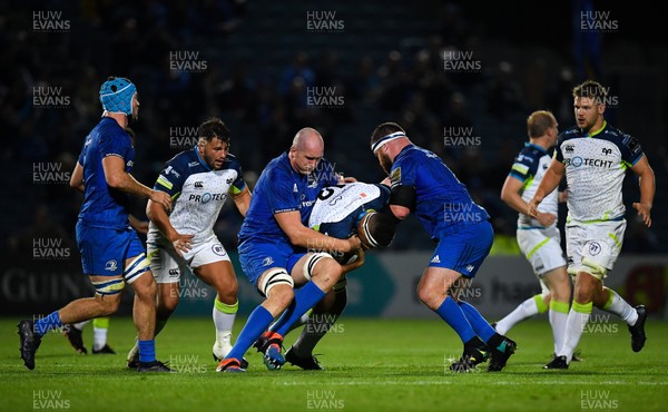 041019 - Leinster and Ospreys - Guinness PRO14 -  Ben Glynn of Ospreys is tackled by Devin Toner, left, and Michael Bent of Leinster