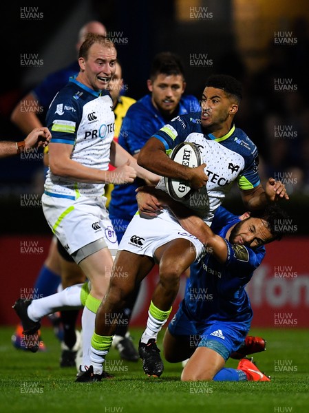 041019 - Leinster and Ospreys - Guinness PRO14 -  Keelan Giles of Ospreys is tackled by Jamison Gibson-Park of Leinster 