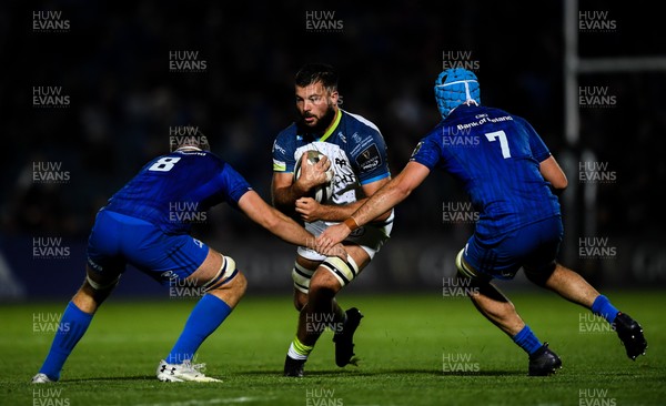 041019 - Leinster and Ospreys - Guinness PRO14 -  Gareth Evans of Ospreys is tackled by Caelan Doris and Will Connors of Leinster