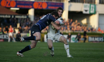 16.04.10 Leinster v Ospreys... Andrew Bishop of Ospreys tackled by Fergus McFadden of Ospreys. 