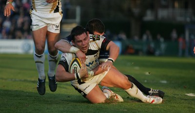 16.04.10 Leinster v Ospreys... Ed Shervington of Ospreys tackled by Shane Jennings of Leinster. 