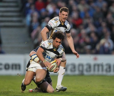 16.04.10 Leinster v Ospreys... Gareth Owen of Ospreys tackled by Fergus McFadden of Leinster. 