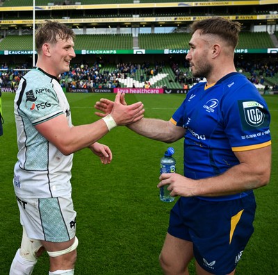 160526 - Leinster v Ospreys - United Rugby Championship - Jac Morgan of Ospreys, left, and Jordan Larmour of Leinster after the match