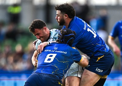 160526 - Leinster v Ospreys - United Rugby Championship - Luke Morgan of Ospreys is tackled by Leinster players James Culhane and Robbie Henshaw