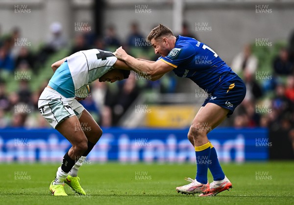 160526 - Leinster v Ospreys - United Rugby Championship - Keelan Giles of Ospreys is tackled by Jordan Larmour of Leinster