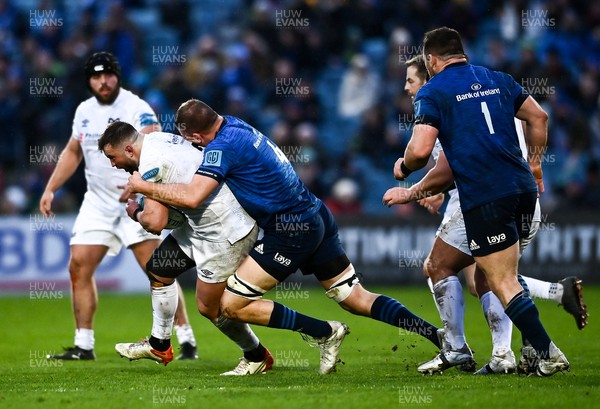 190222 - Leinster v Ospreys - United Rugby Championship - Sam Parry of Ospreys is tackled by Ross Molony of Leinster
